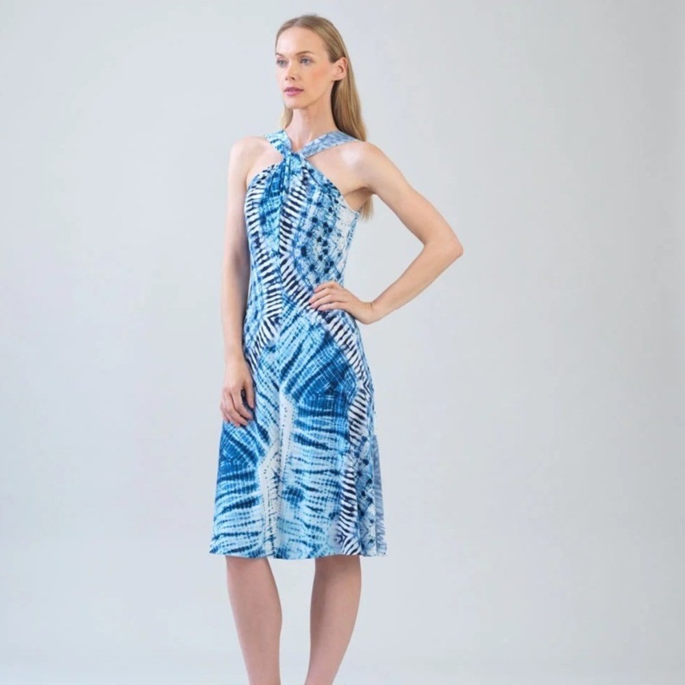 Clara Sunwoo Blue Tie Dye‎ Grecian Halter Swing Dress NWT Womens M 12 Resortwear